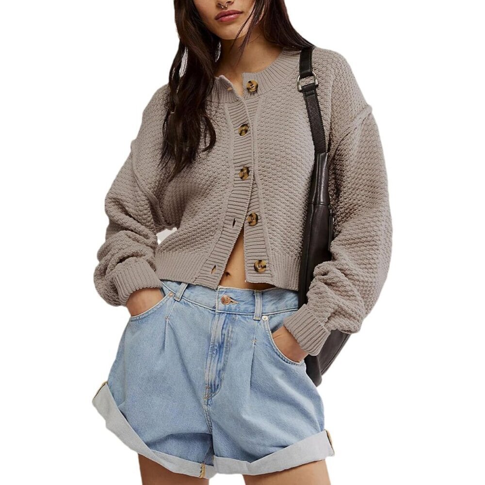 Women's Cropped Cardigan Cotton Blend Open Front Long Sleeve Casual